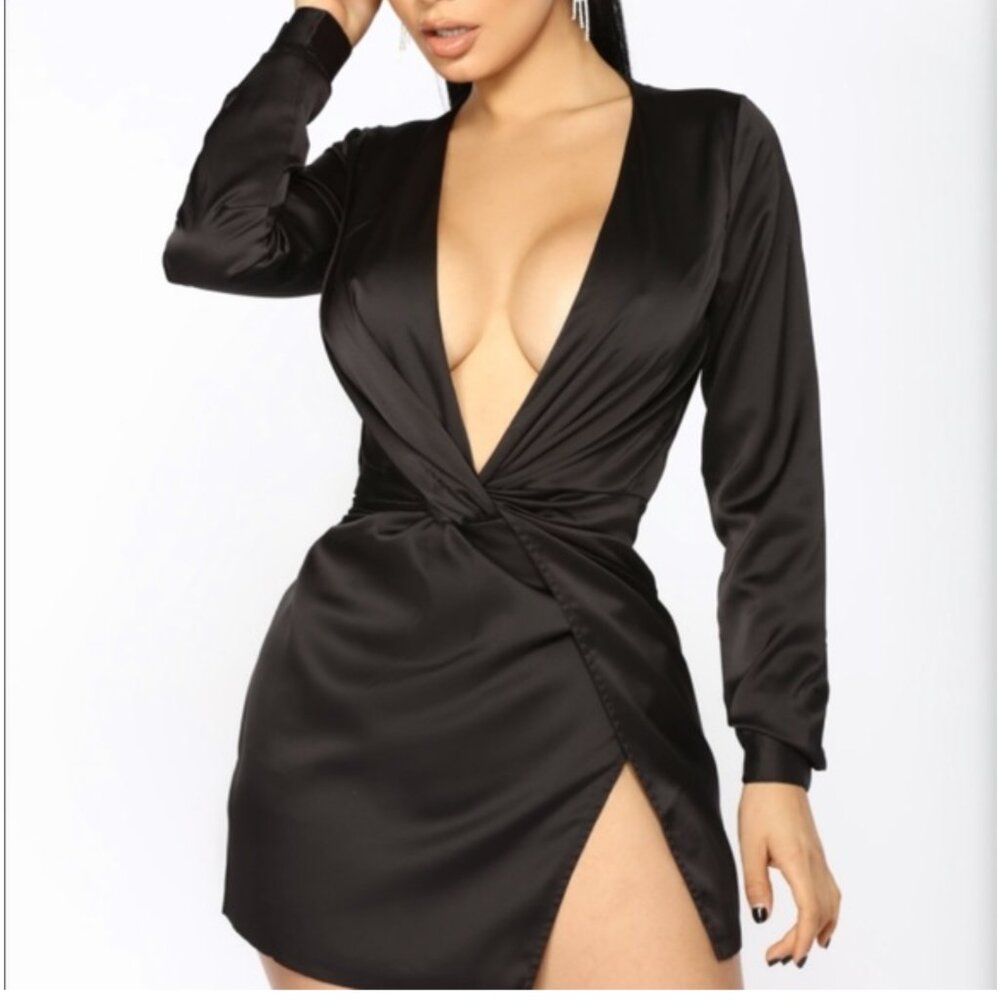 Long Sleeve Black Satin Mini Dress XL